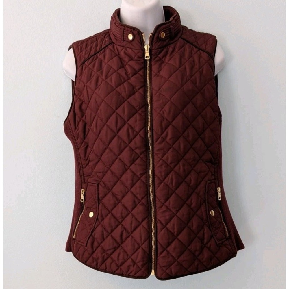 Love Tree Puffer Vest Womens Large Quilted Maroon Gold Zipper Pockets Knit Sides